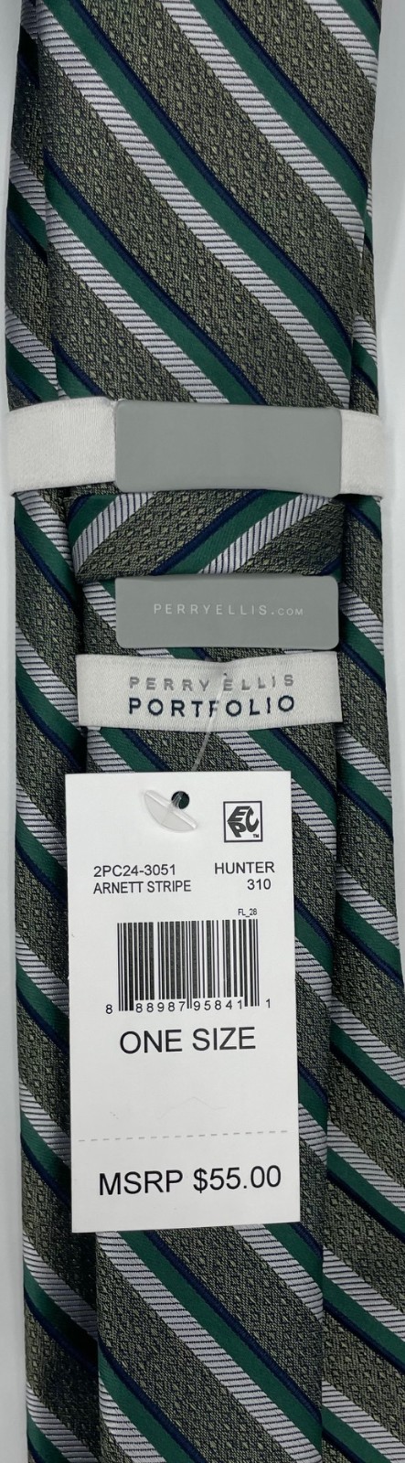 PERRY ELLIS Portfolio Men’s 100% Polyester Tie ~ Hunter Green ~ Arnett Stripe