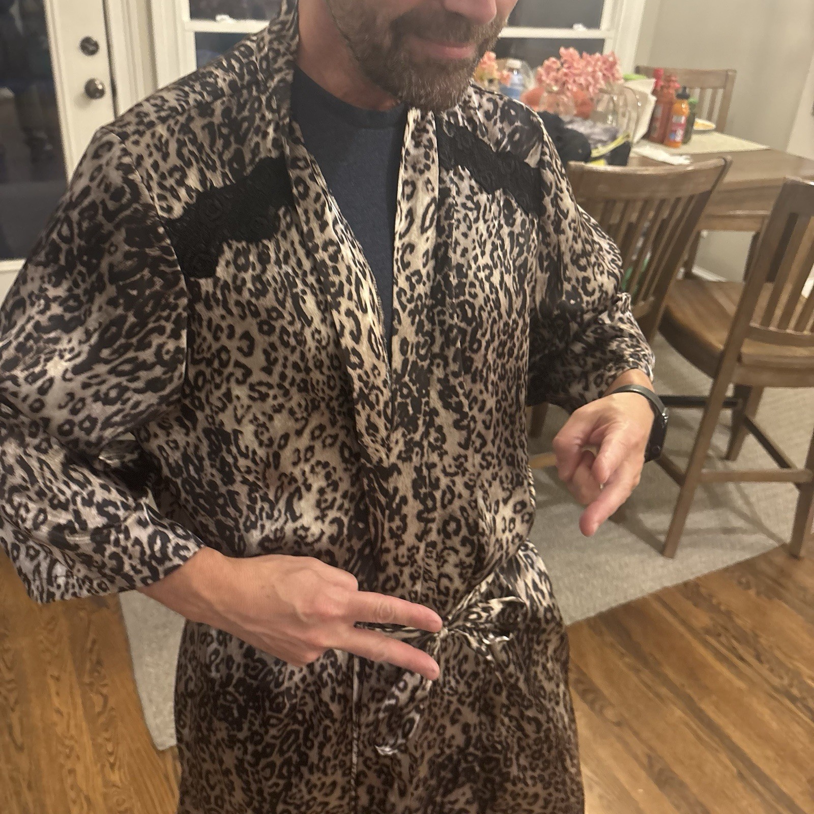 Secret Treasures Leopard Print Lace Robe Belted Tie Waist V-Neck One Size