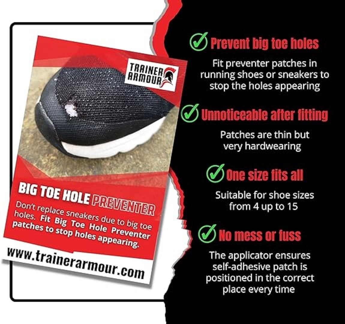 Self-Adhesive Big Toe Hole Repair Patches with Applicator – Shoe Toe Protection