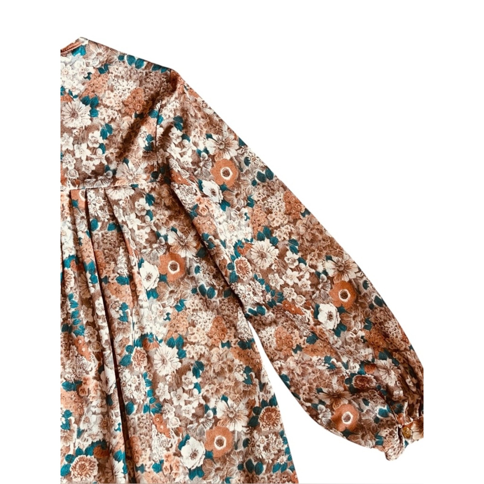 Vintage 70s Bob Simmons Women’s Sz S Tan Floral Ruffle Dress Midi Long Sleeves