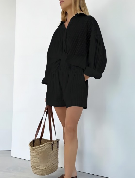 Women Striped 2 Piece Outfit Long Sleeve Button Down Shirt + Casual Short Set