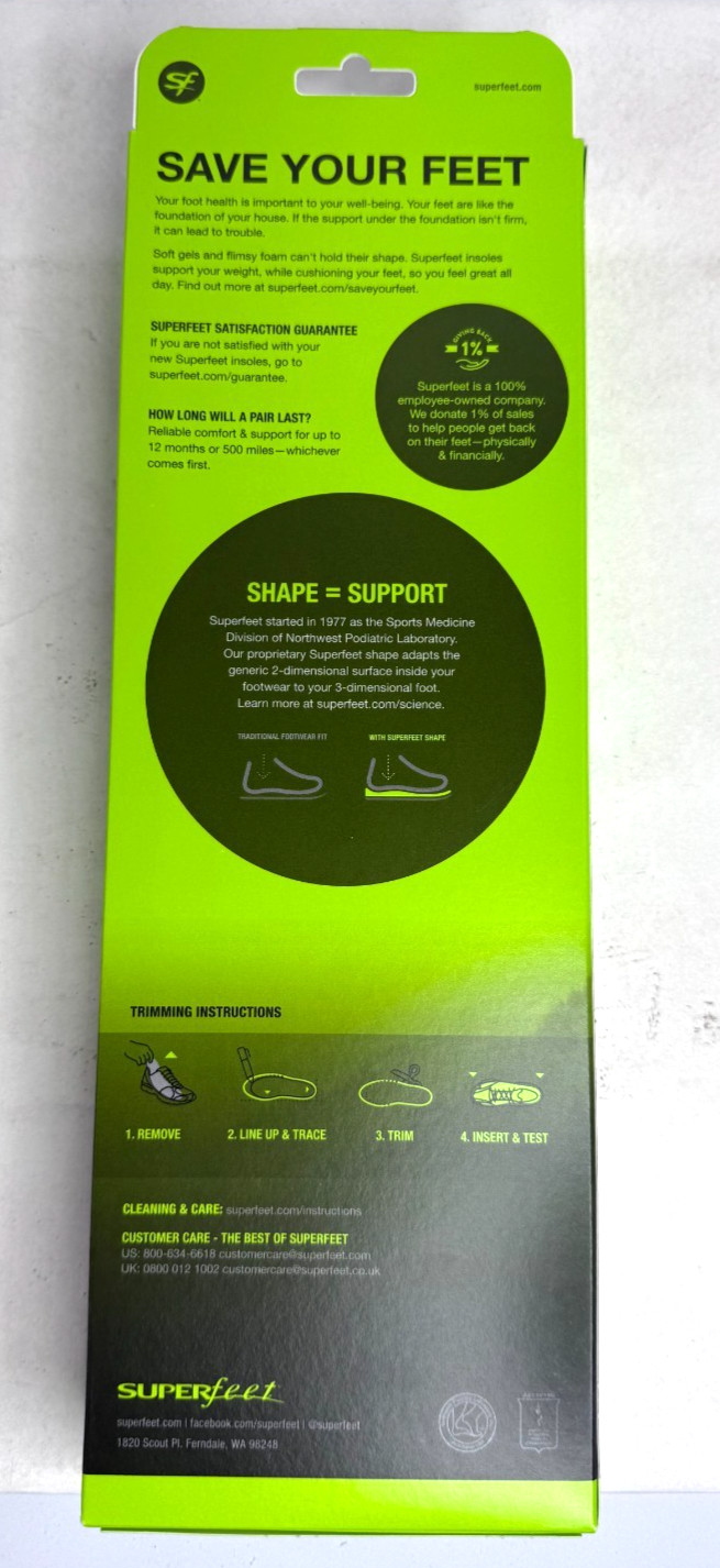 Superfeet Green Insoles, Professional-Grade High Arch Orthotic Insert Size C