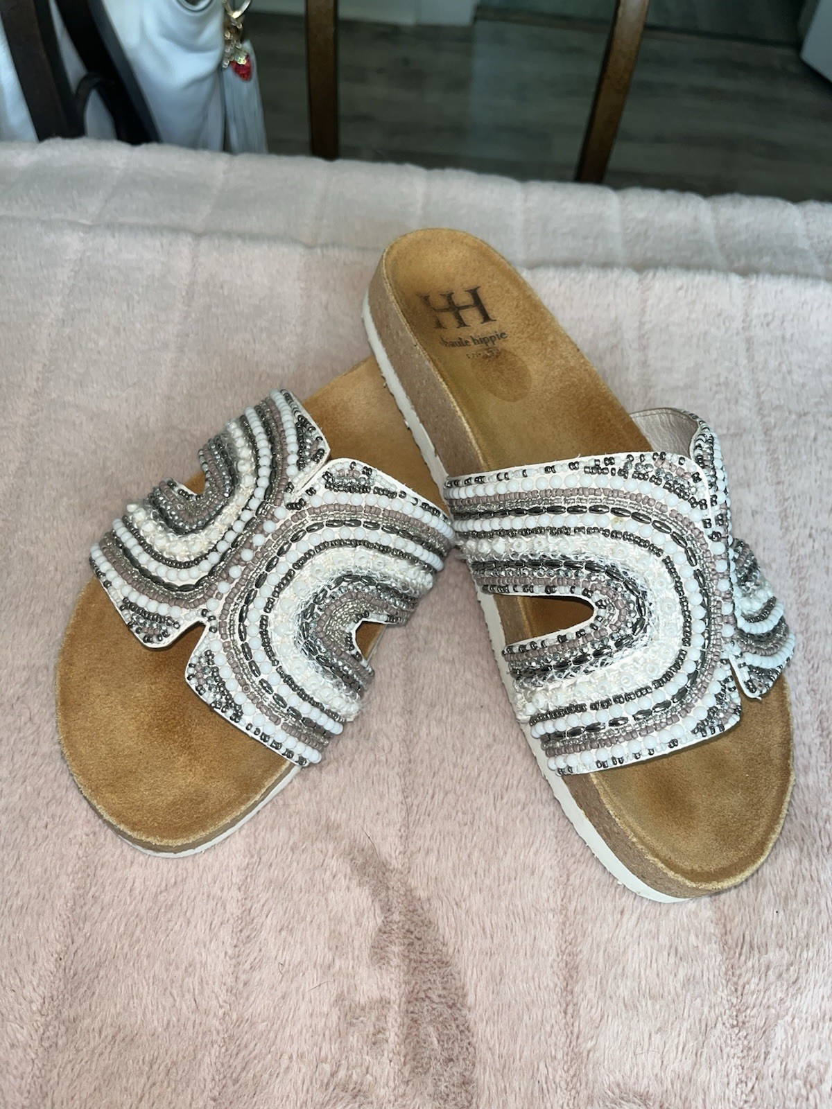 Haute Hippie White Silver Beaded Geometric Slide Sandals Synthetic Slip-On 8.5