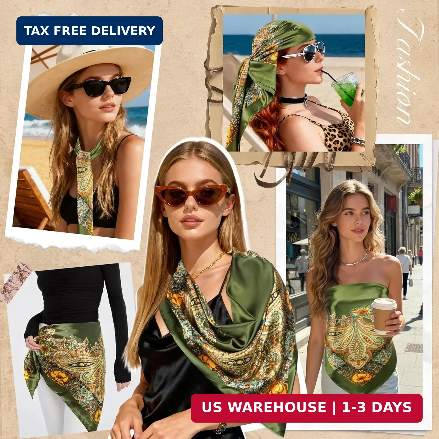 Large Square Head Scarf Bandana – 35″ Satin Hair Scarf for Women Like Silk Scarf