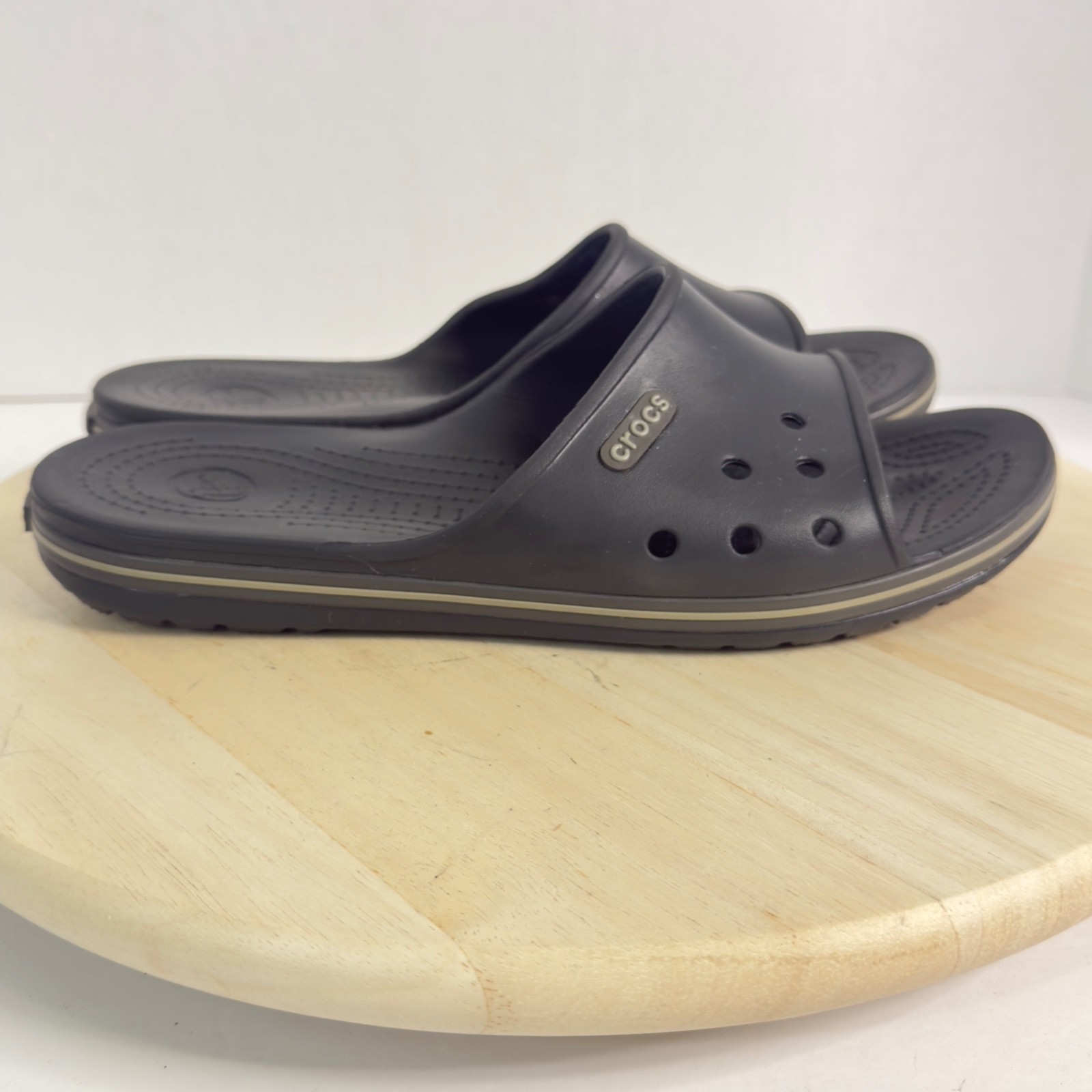 Crocs Unise Bayaband Slides Sandals White Stripe Logo Slip-On Women 12 Men 10