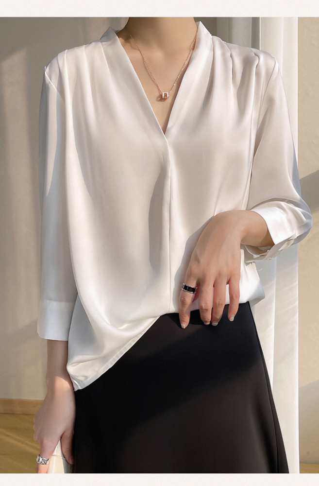HOT Mulberry Silk Long-sleeved Shirt Women’s Morning Satin Chiffon V-neck Top
