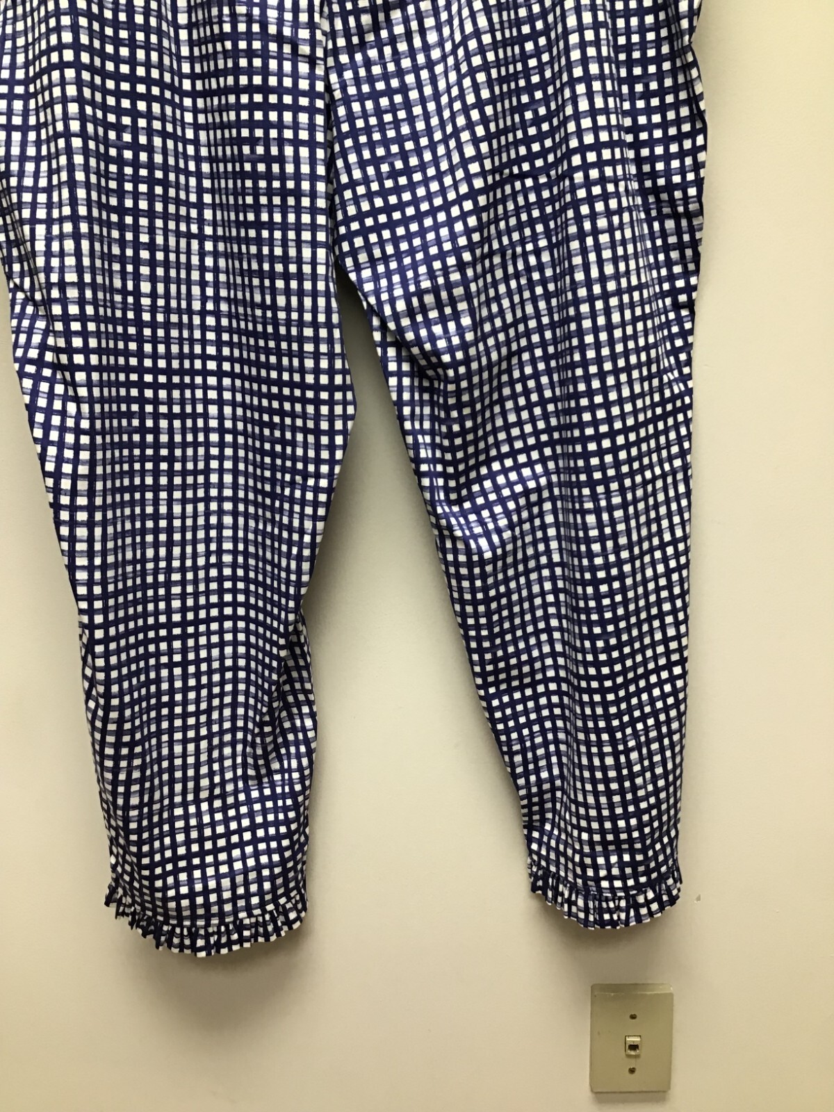 Dennis Basso Womens Blue Gingham Plaid Ruffled Hem Straight Leg Ankle Pants 26W