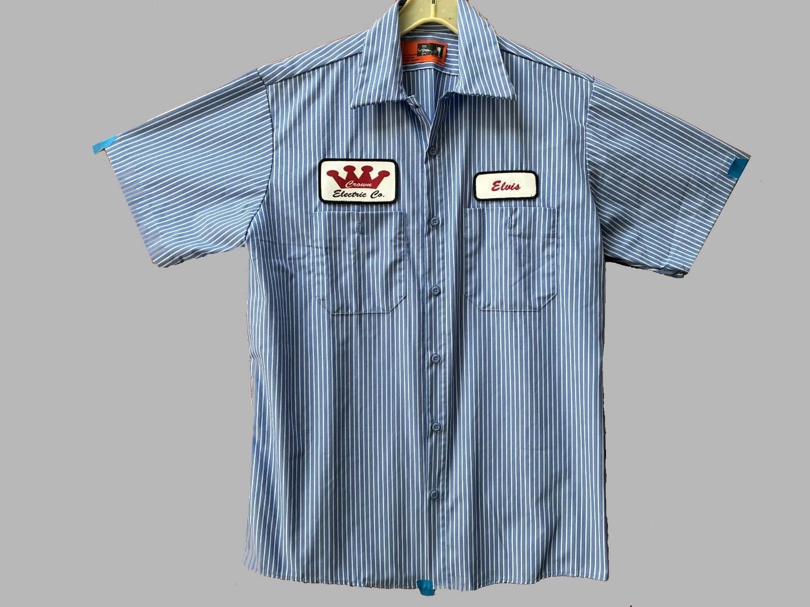 ELVIS Crown Electric Patch Striped Mechanic WORK SHIRT Kustom Rockabilly punk