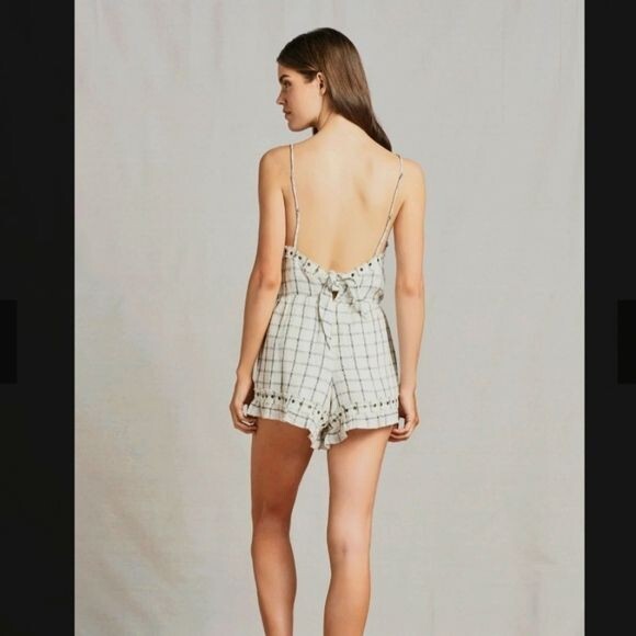 Tularosa Ameila Natural Linen Blend Tie Back Raw Hem Grommet Romper