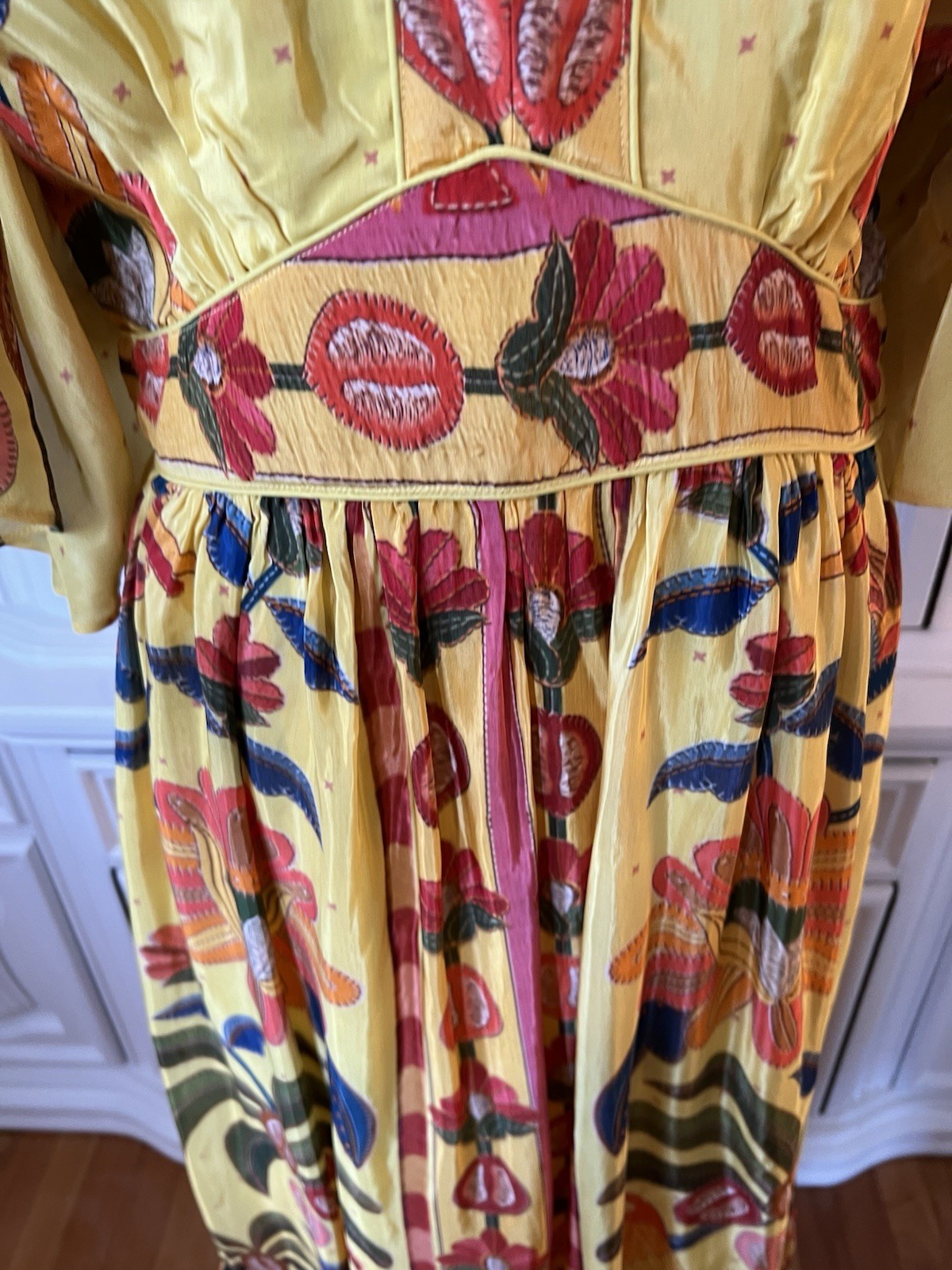 FARM Rio For Anthropologie Yellow Tropical Print Satin Like Fabric Maxi Dress M