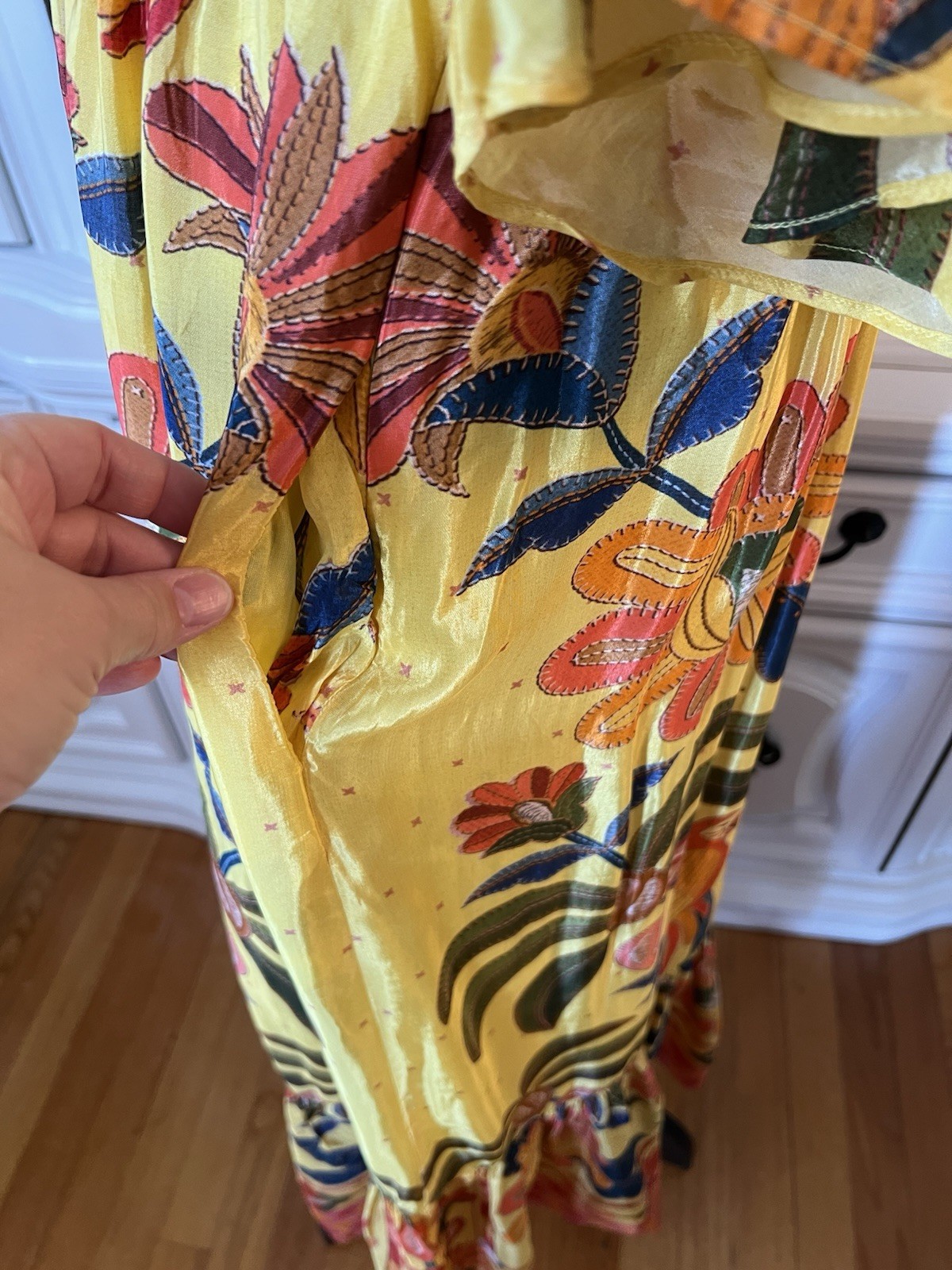 FARM Rio For Anthropologie Yellow Tropical Print Satin Like Fabric Maxi Dress M