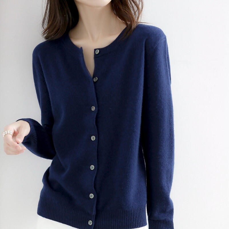 Women’s Cashmere Blend Cardigan Solid Color Sweater Simple Crew Neck Jacket Coat