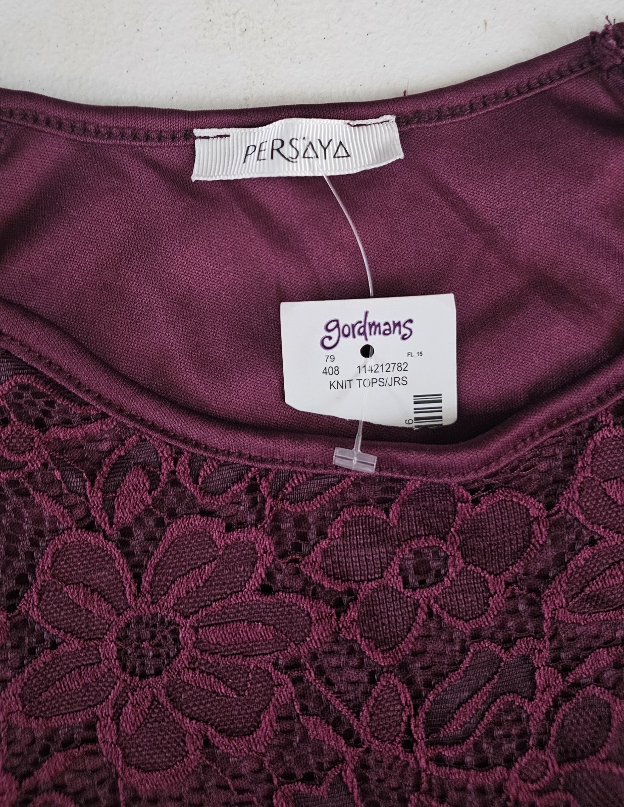 Persaya Womens Blouse Burgundy Floral Lace 3/4 Sleeve Sz L NEW