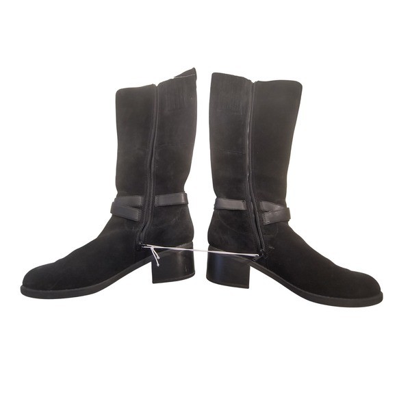 Clarks Black Suede Leather Knee High Boots Buckle Strap Stacked Heel Size 7