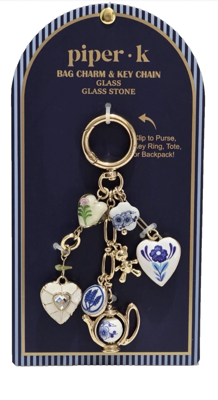 Piper K Blue & White Floral Teapot Hearts Bag Charm Keychain Cottage Core Gift