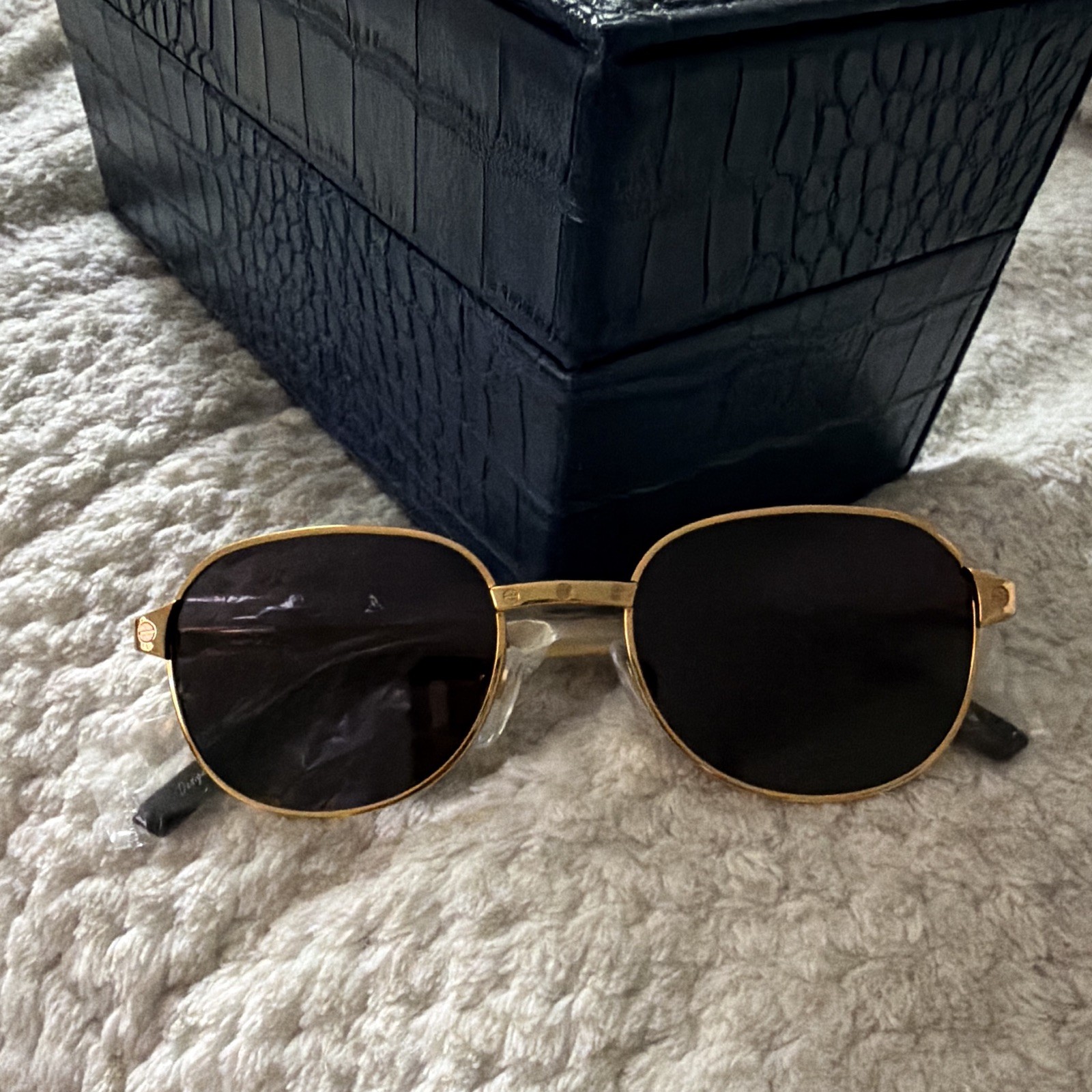 Vintage Frames Company Gold Metal Oval Sunglasses Black Tinted Lenses