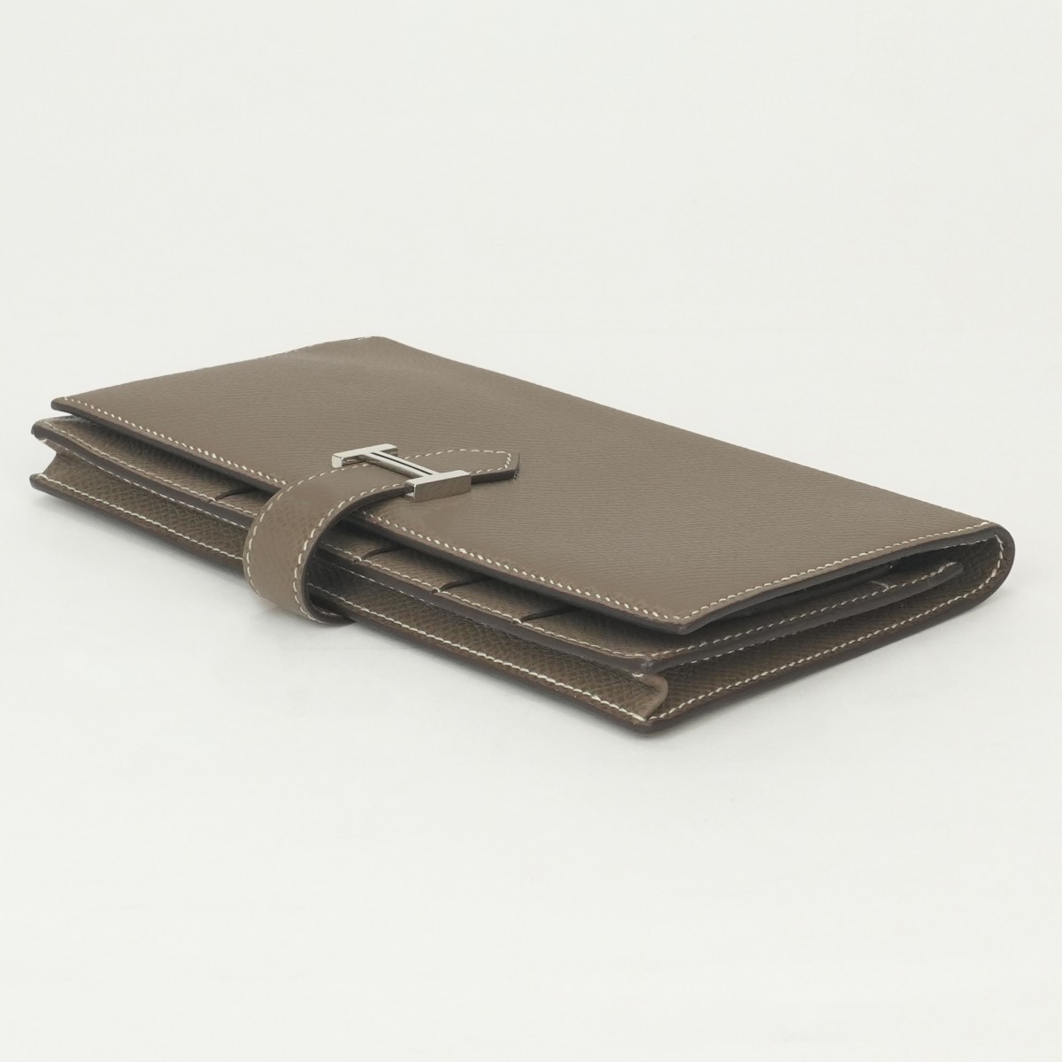 HERMES Bearn Soufflet Long Wallet Etoupe Gray Epsom Leather Silver HW