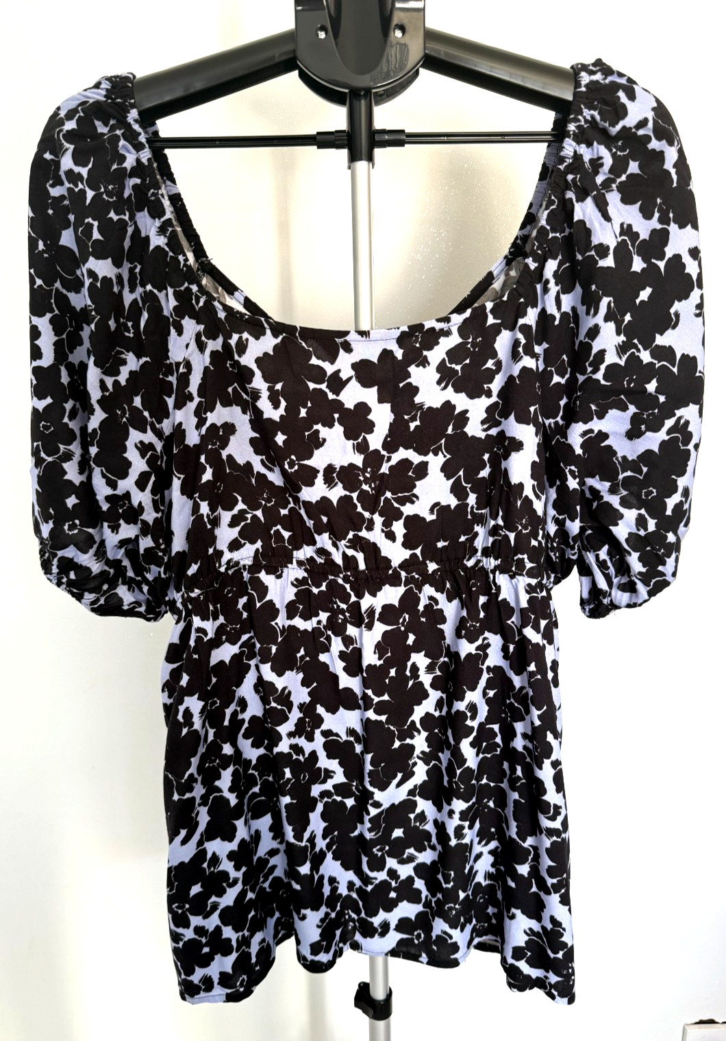 Dorothy Perkins Size 20 Blue Black Floral Milkmaid Puff Sleeve Ruched Top Blouse