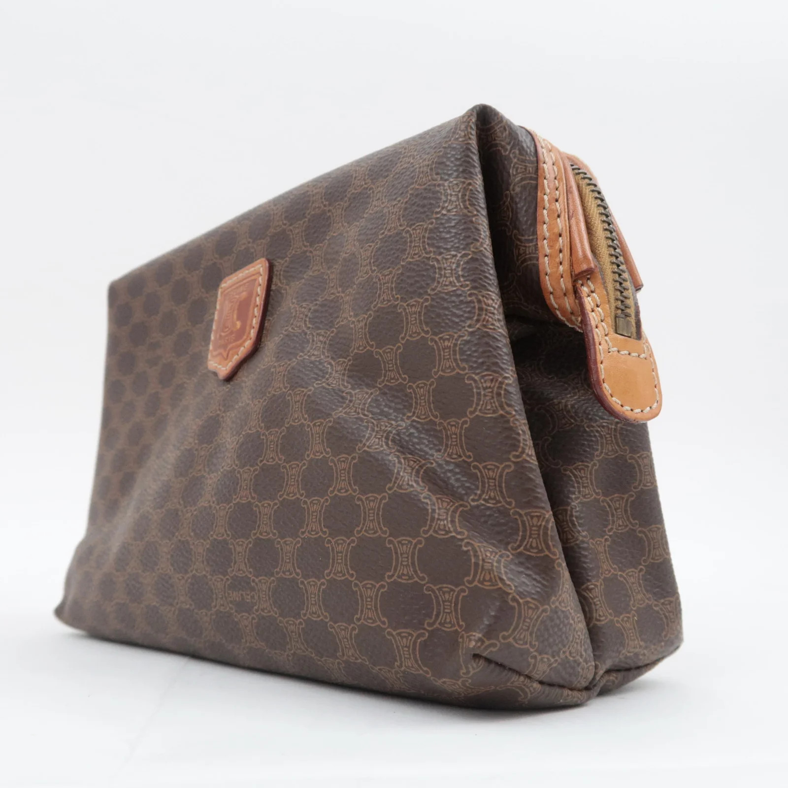 CELINE Macadam PVC Leather Cosmetic Pouch Brown Gold HDW Authentic