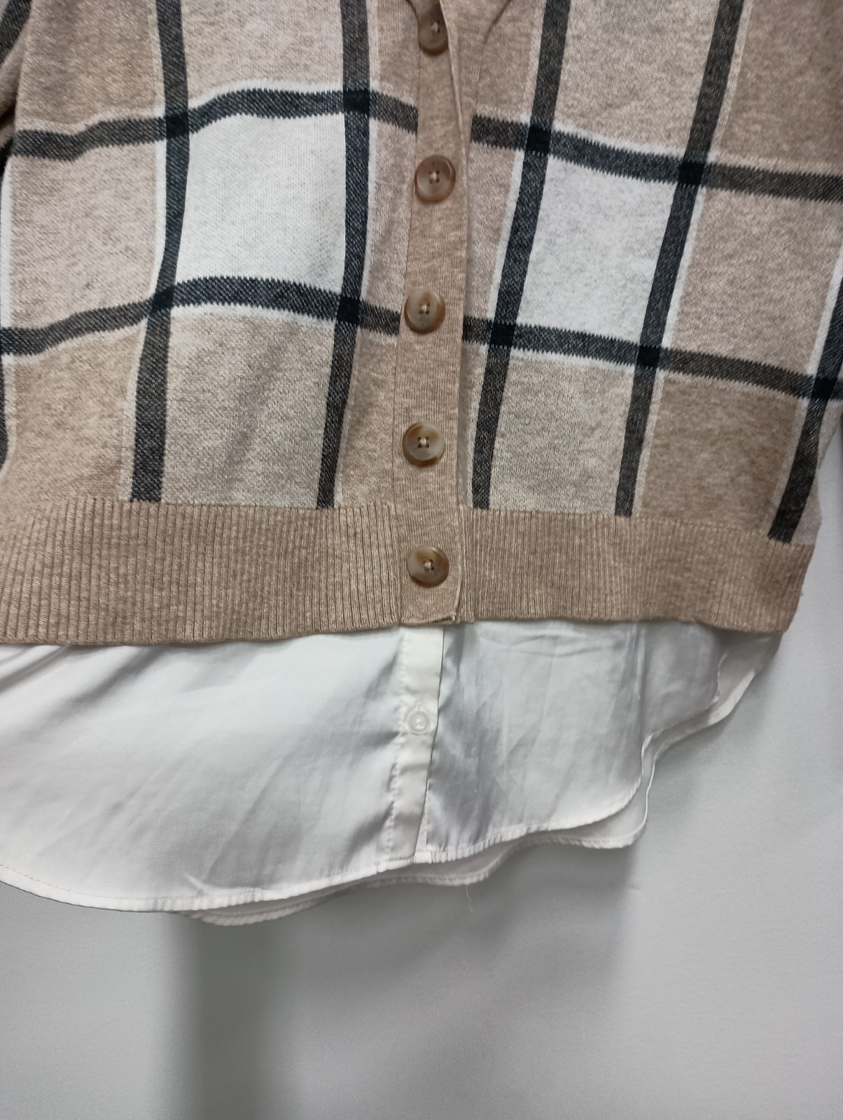 Rachel Zoe Twofer Sweater Womens Large Beige White Plaid Preppy Office Pullover
