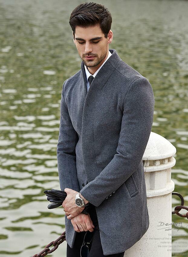 Men’s Wool Blend Mid Length Jacket Formal Stand Collar Slim Trench Coat Oversize