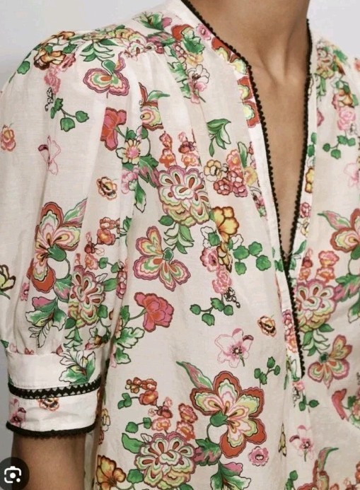 Me+Em Silk Cotton Floral Swirl Print Blouse Short Sleeve Size Uk 16