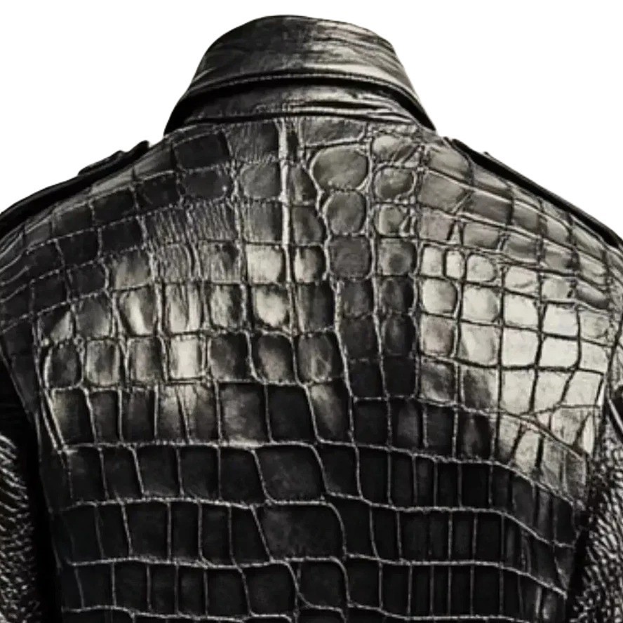 Men’s Black Real Leather Crocodile Embossed Luxury Alligator Print Bomber Jacket