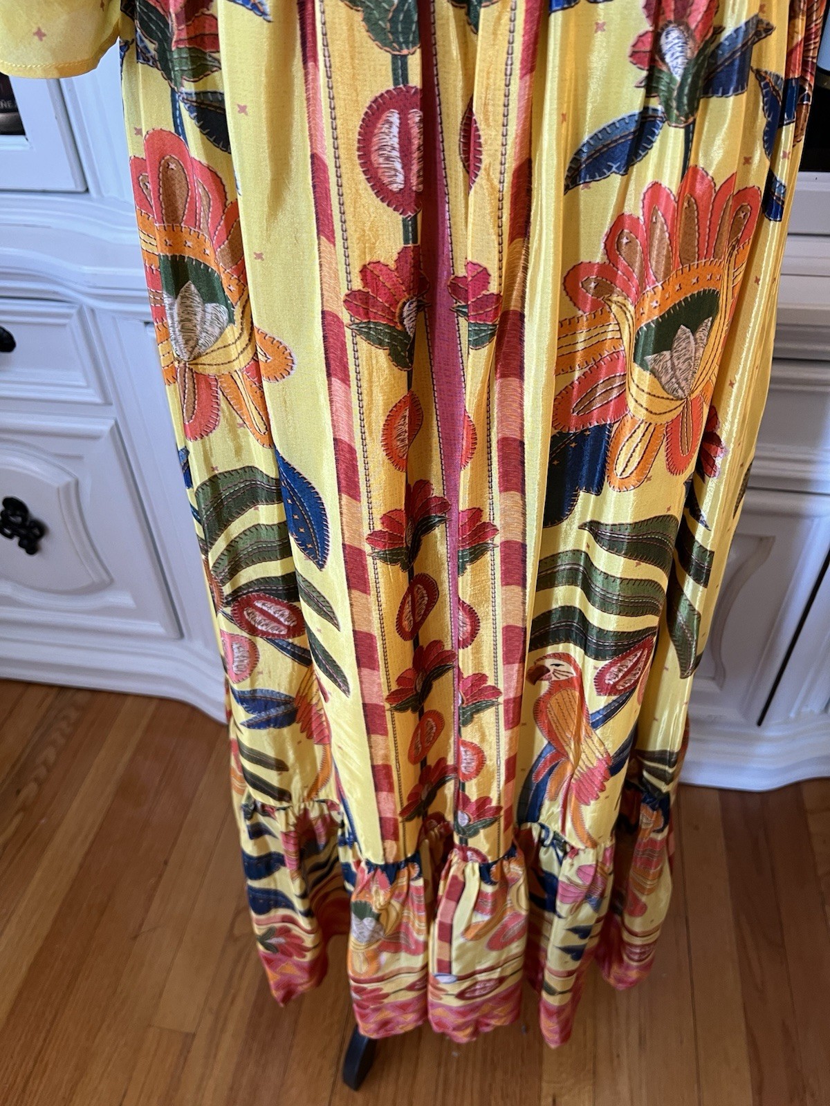 FARM Rio For Anthropologie Yellow Tropical Print Satin Like Fabric Maxi Dress M