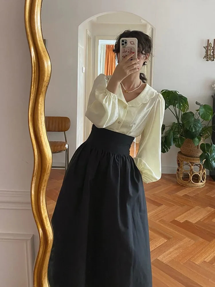 New Long Skirts Women High Waist Midi A-line Jupe Preppy Casual Korean Fash