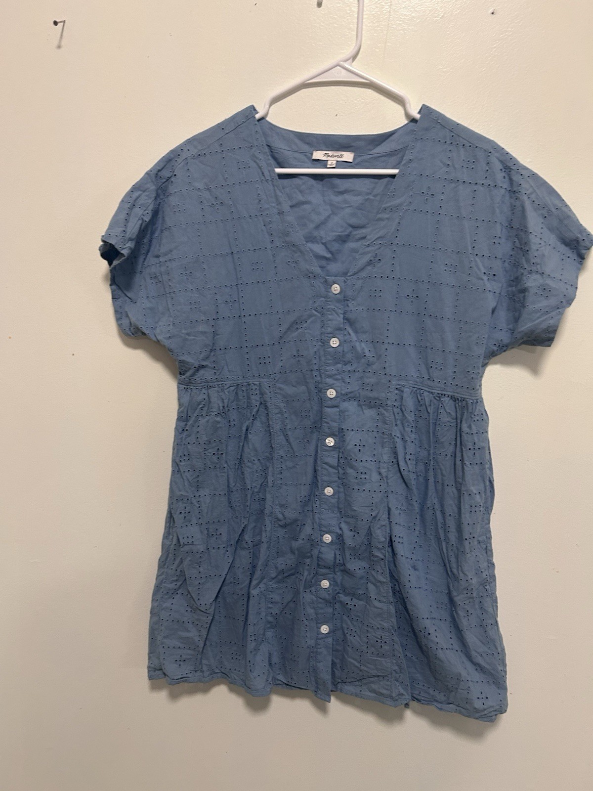 MADEWELL Tranquil Lake Blue Button Front V Neck Mini Dress Size M