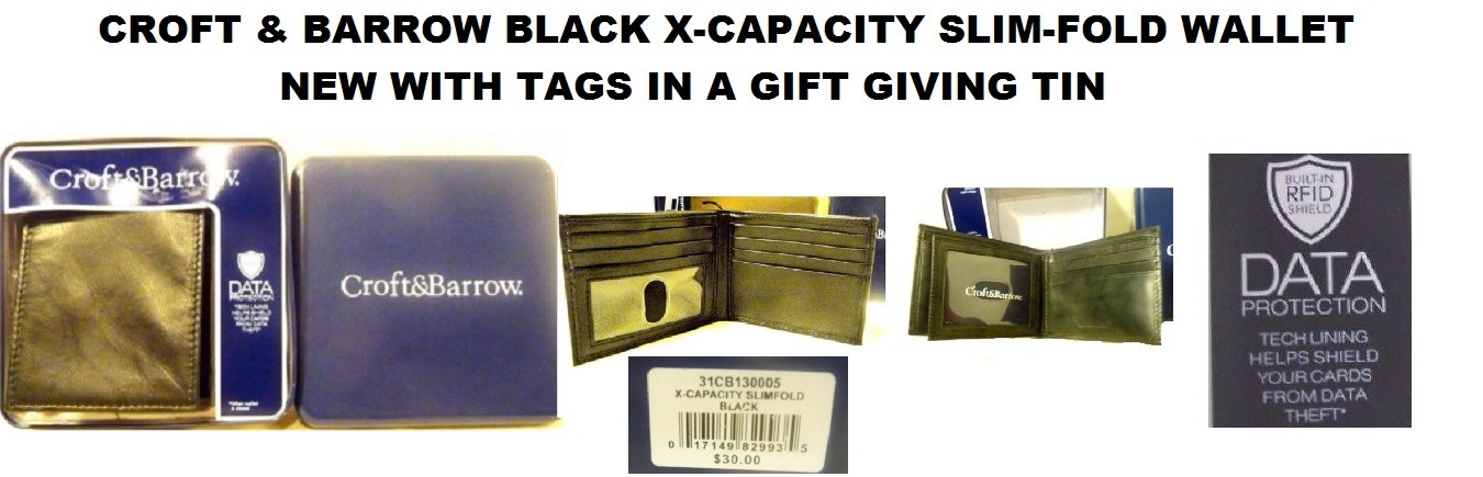 CROFT & BARROW BLACK LEATHER X-CAPACITY SLIM FOLD WALLET NEW IN BOX WITH TAGS