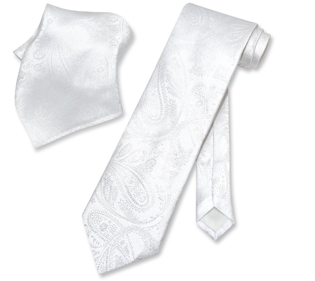 Vesuvio Napoli WHITE PAISLEY NeckTie and Handkerchief Matching Mens Neck Tie Set