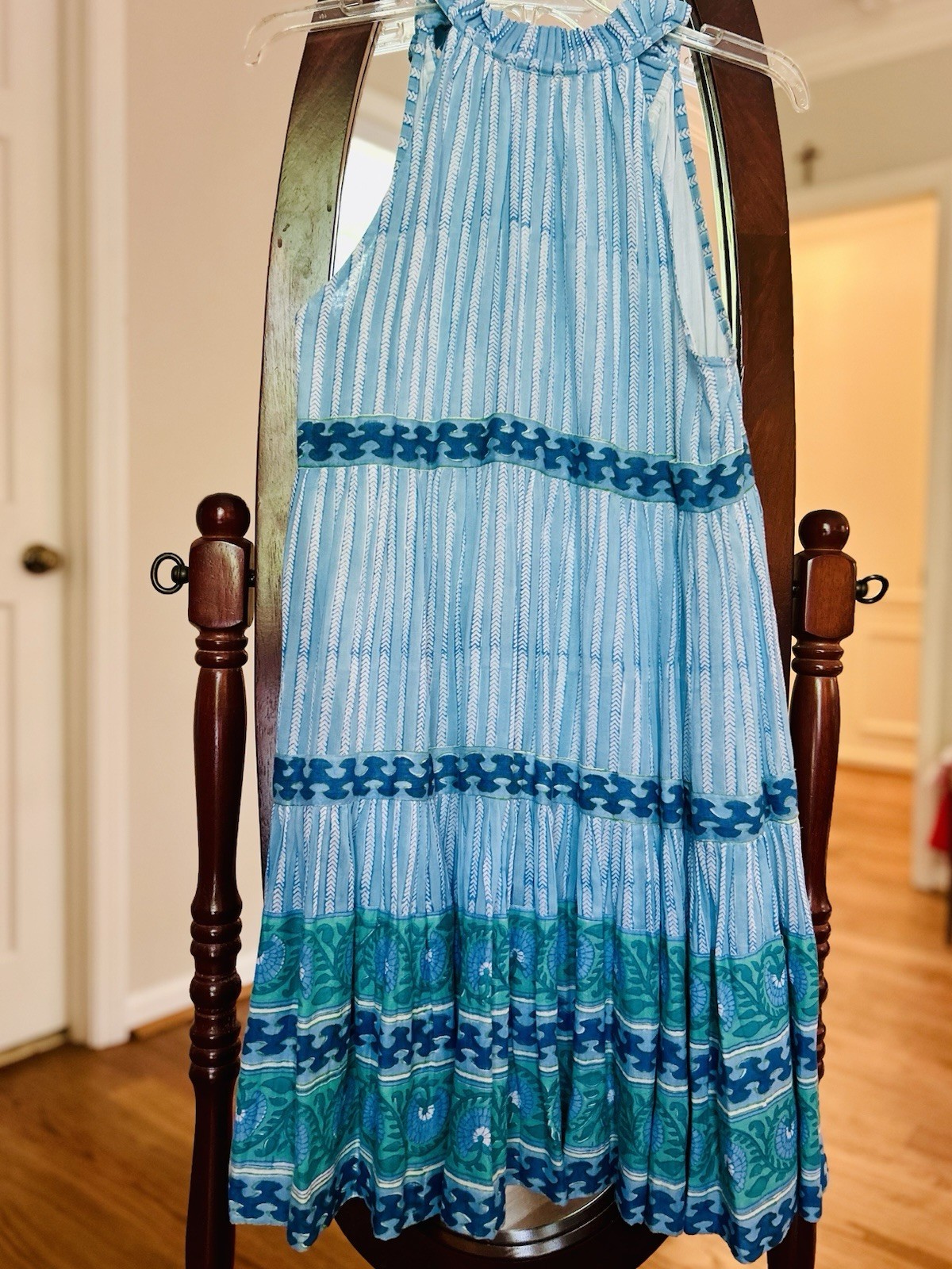 Oliphant Blue/Green Striped Halter Sleeveless Swing Dress M Cotton, lined.