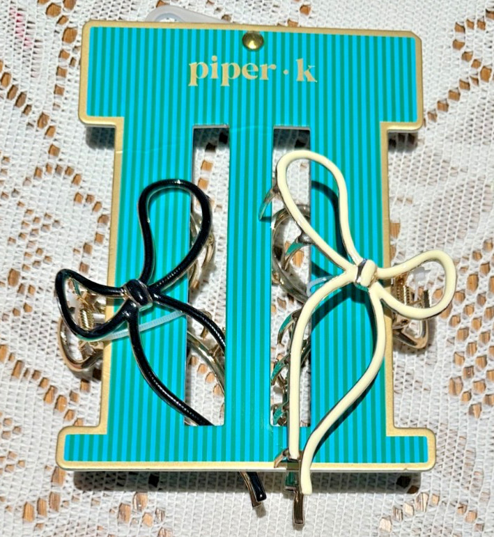 Piper K Metal Bow Ribbon Claw Clips Set Of 2 BLACK, WHITE NEW
