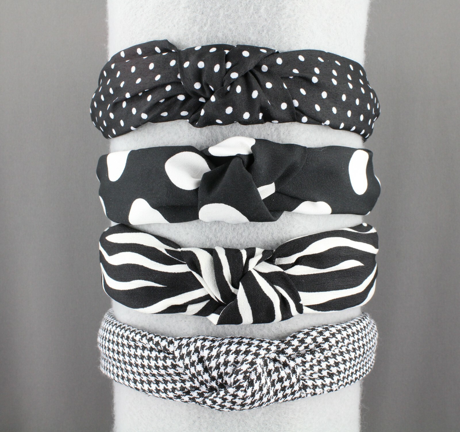 Black White polka dot turban knot headband fabric covered grip teeth dots