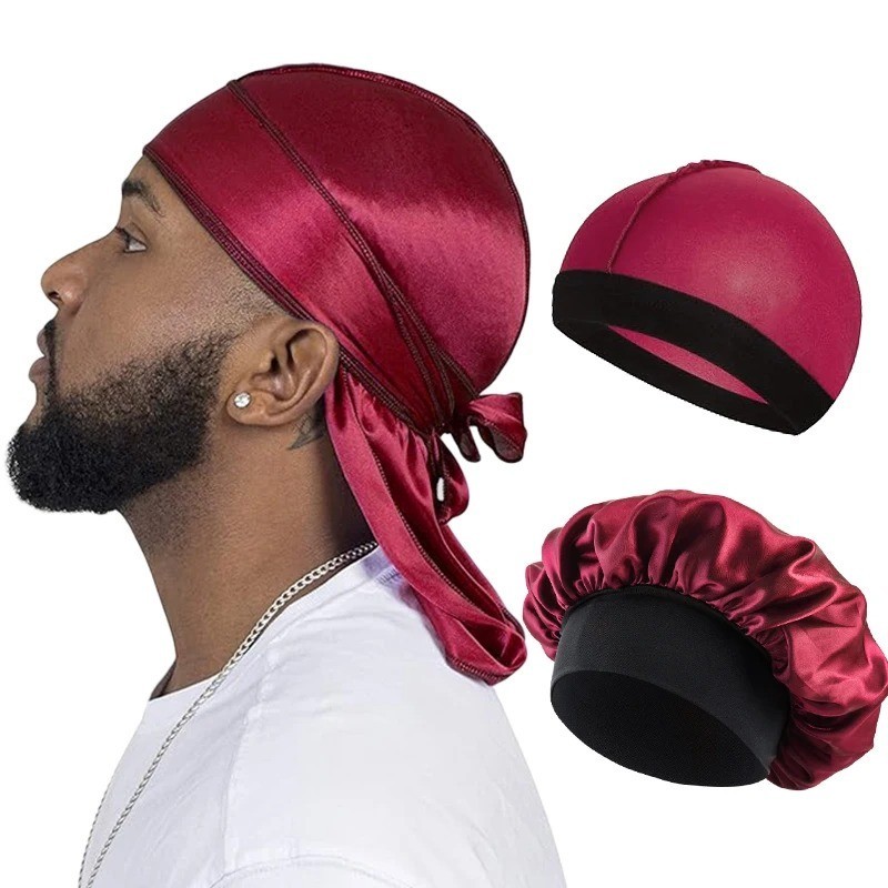 3Pack Silky Satin Durag Men Wave Cap Lot 360 Waves Bonnet Sleep Cap Doo Rag Long