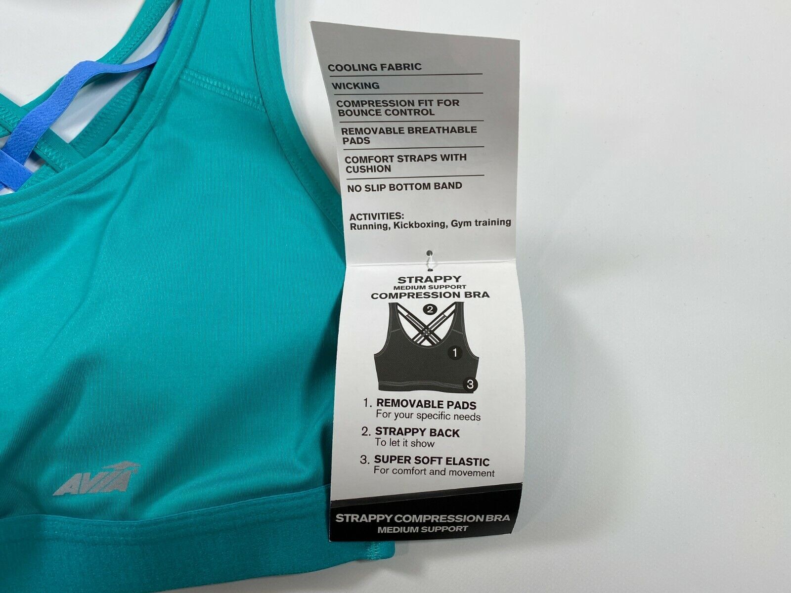 Womens Avia Aqua Blue Strappy Compression Bra Medium Support XL NEW