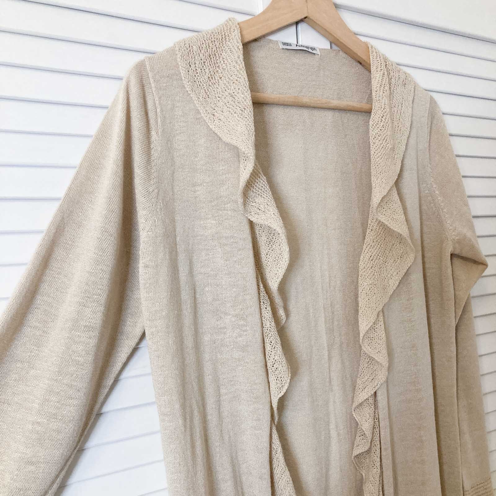 Autograph M&S Cardigan Size 12 Natural Beige Linen Blend Frill Trim Longline