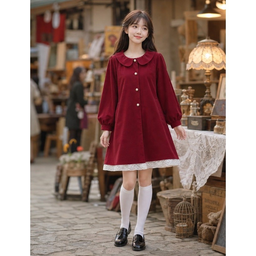 Red Vintage Peter Pan Collar Coat Pearl Button Lace Trim Babydoll Jacket Sz M