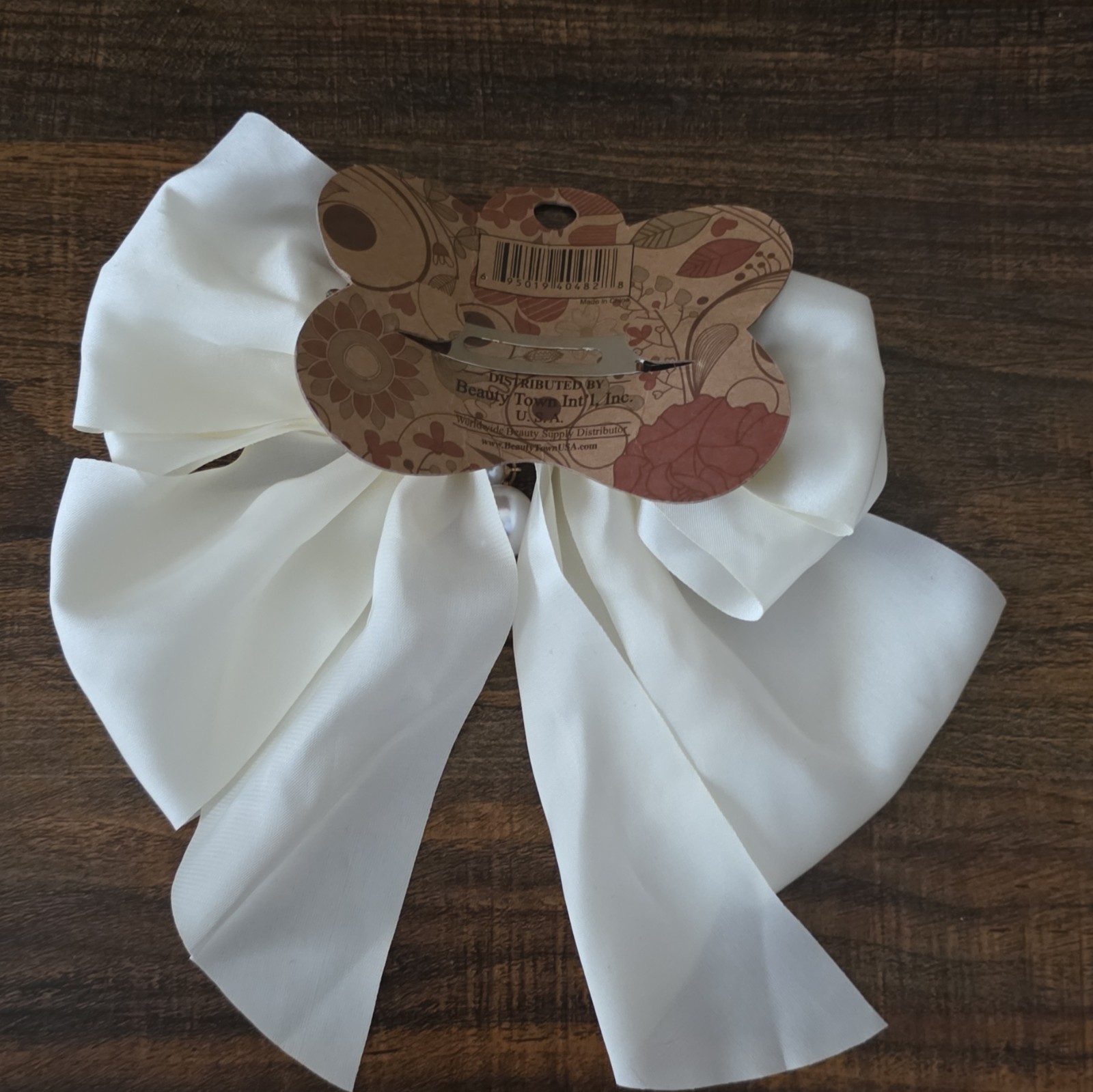 White Fabric Bow Clip-On Hair Accessory with Pearl Beaded Accents Classic