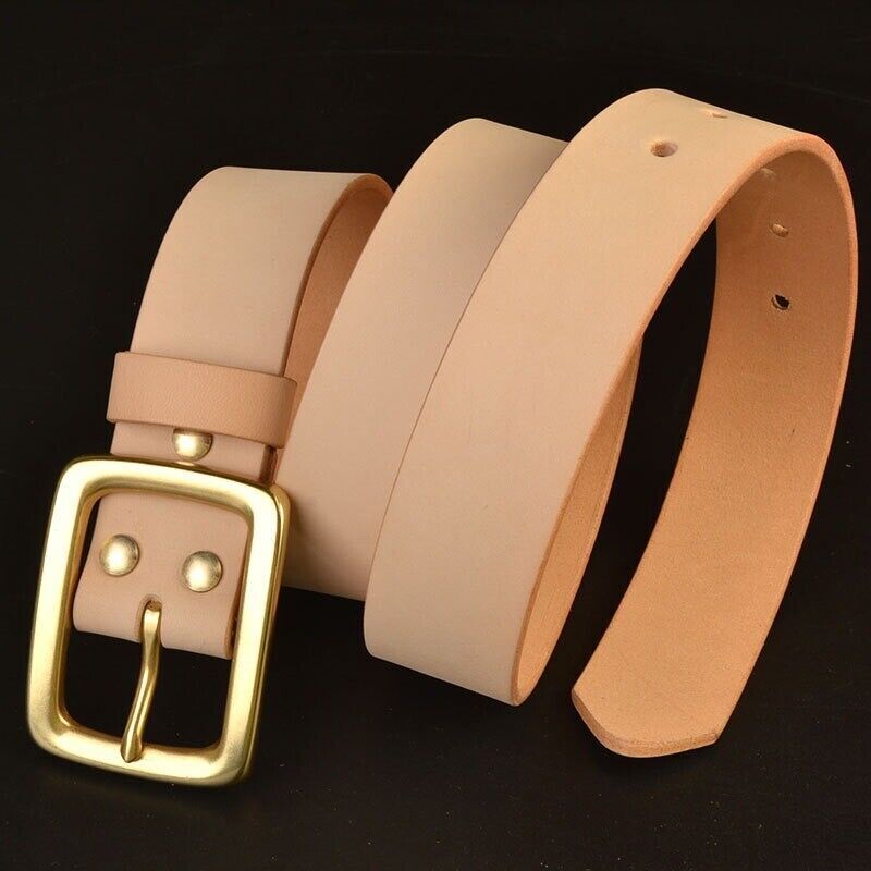 Hand Craft Custom Made Vegetable Tanned Leather Cowhide Belt Brass Buckle 38mm