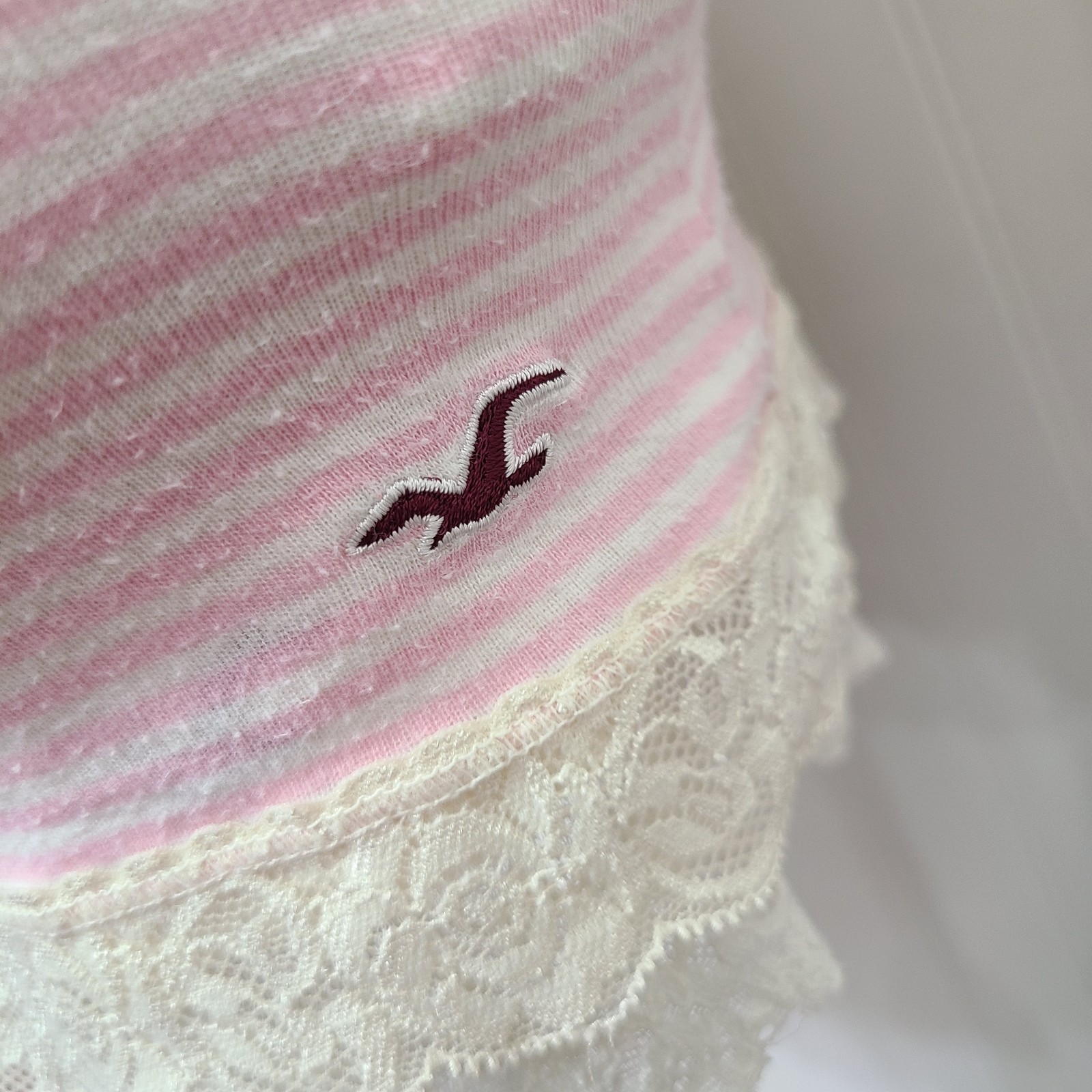 ♡ Y2K ♡ Rare Hollister Baby Pink Striped Lace Babydoll Cami Summer Tank Top