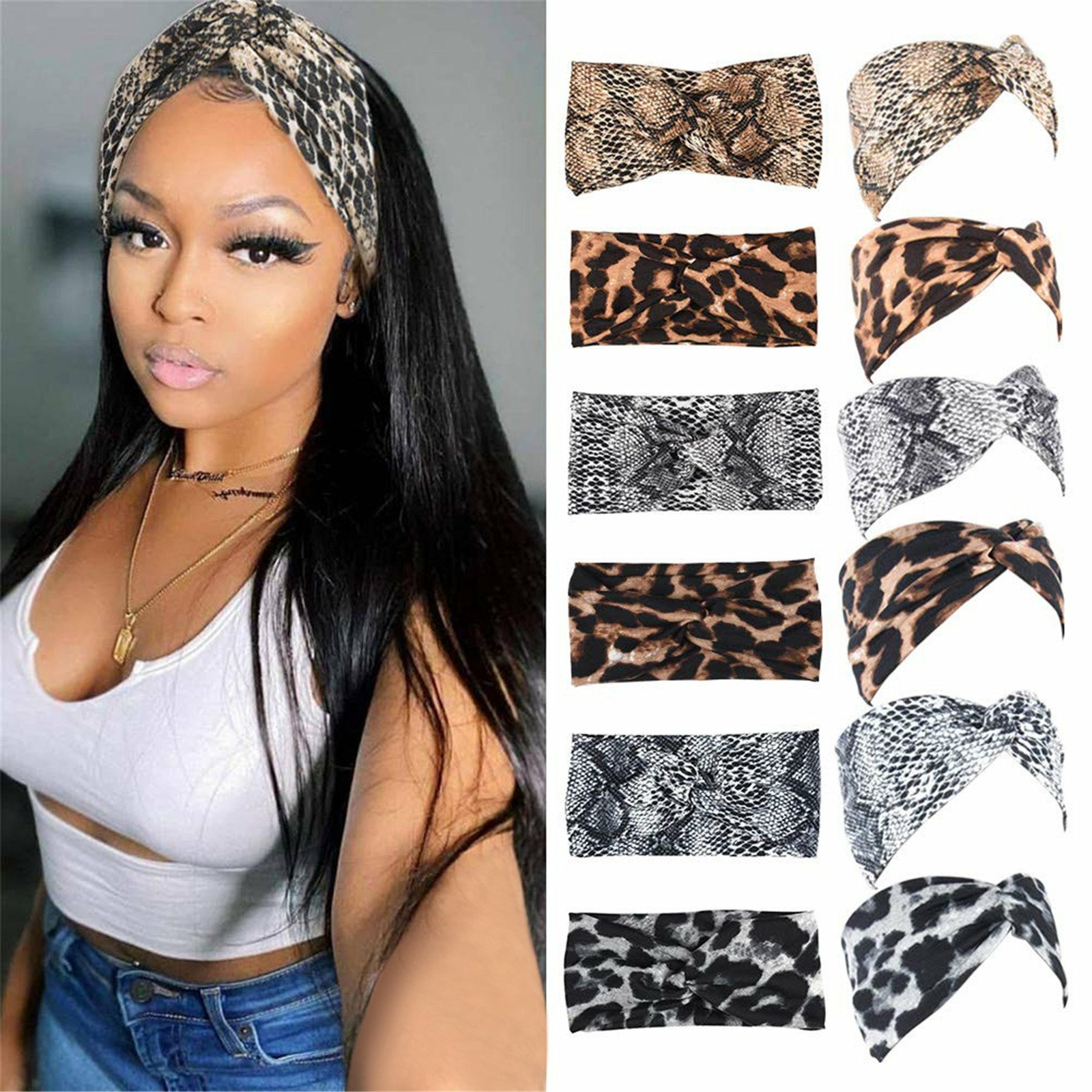 6pcs Womens Boho Leopard Twist Knotted Turban Headband Wide Hair Band Headwrap