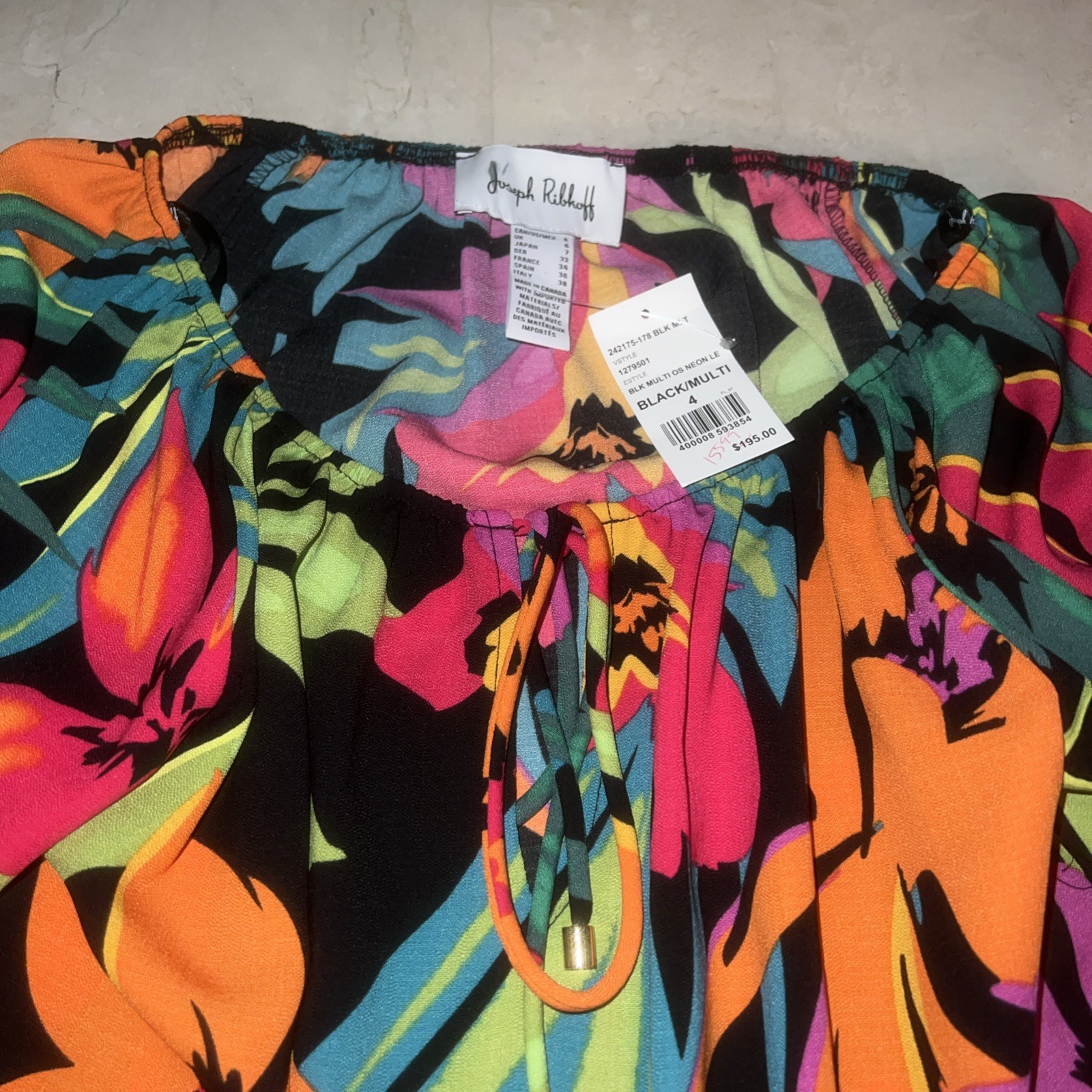 Joseph Ribkoff Size 4 Multi Color Tropical Print Flared Blouse Women’s NWT $195