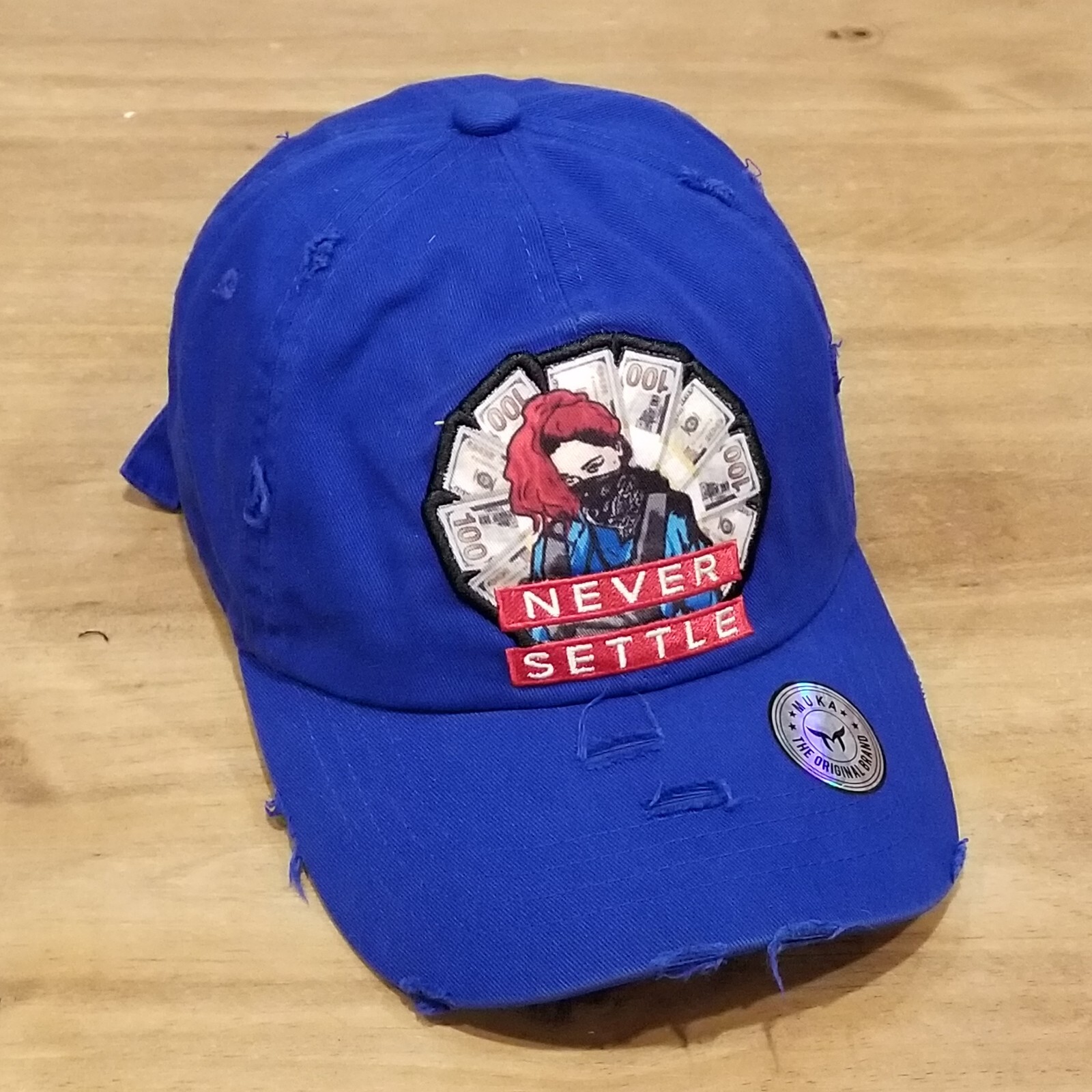 Never Settle Hat Cap Strap Back Blue Money Cash Logo One Size Adjustable Cotton