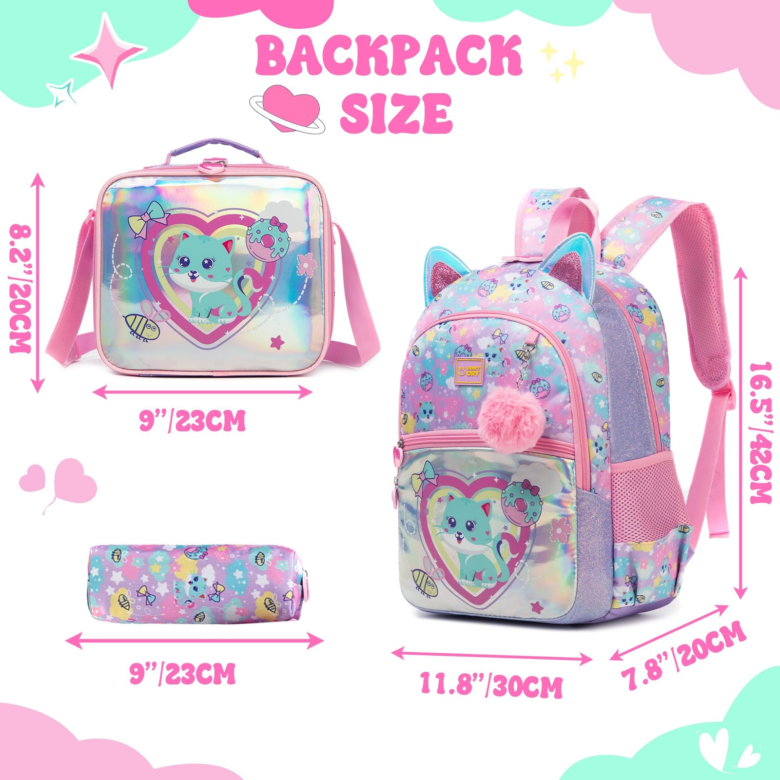 School Backpack for Girls Kids Backpacks for Girls Bookbag with Lunch Box Cat…