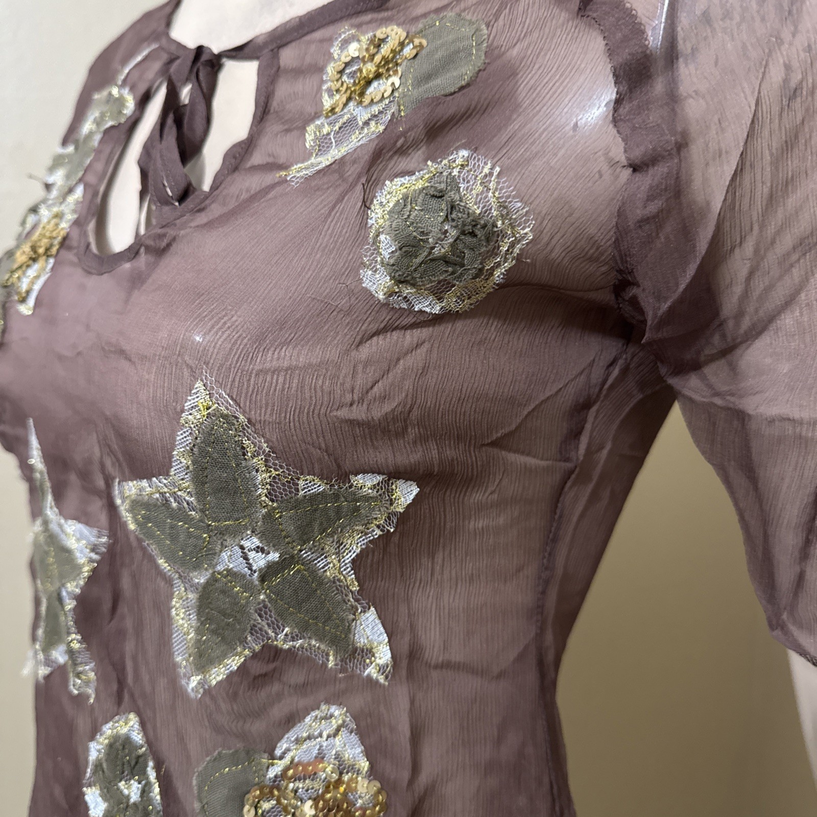 Women’s Brown Silk Casual Summer Sheer Beaded Embroidered Lace Size S Blouse Top