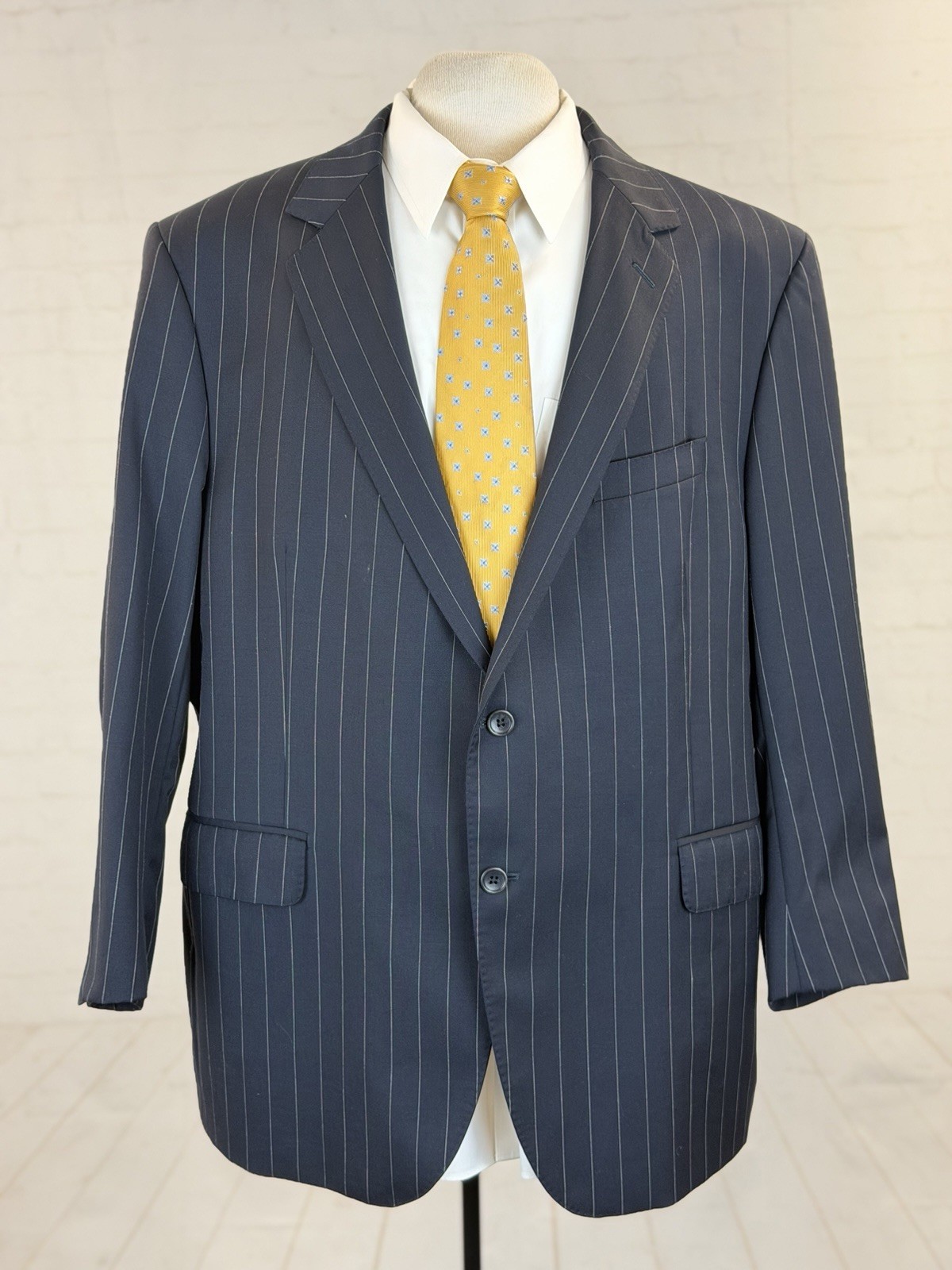 Coppley Canada Mens Dark Blue Striped 100% Wool Suit 48R 42X28 $1,098 Two Button