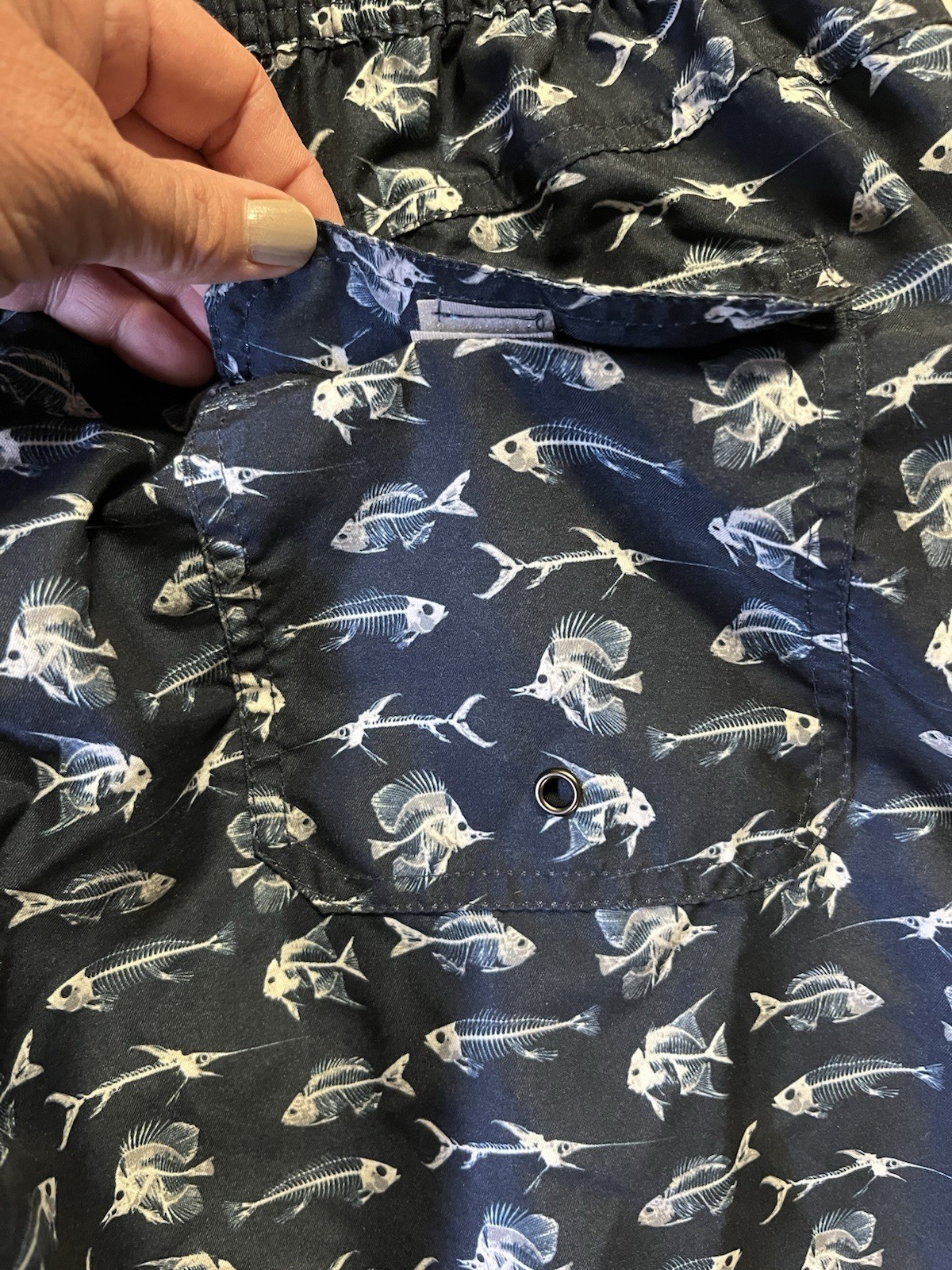 Men’s Beach Bros Swim Trunks Shorts Size M Blue/White Skeleton Fish Design