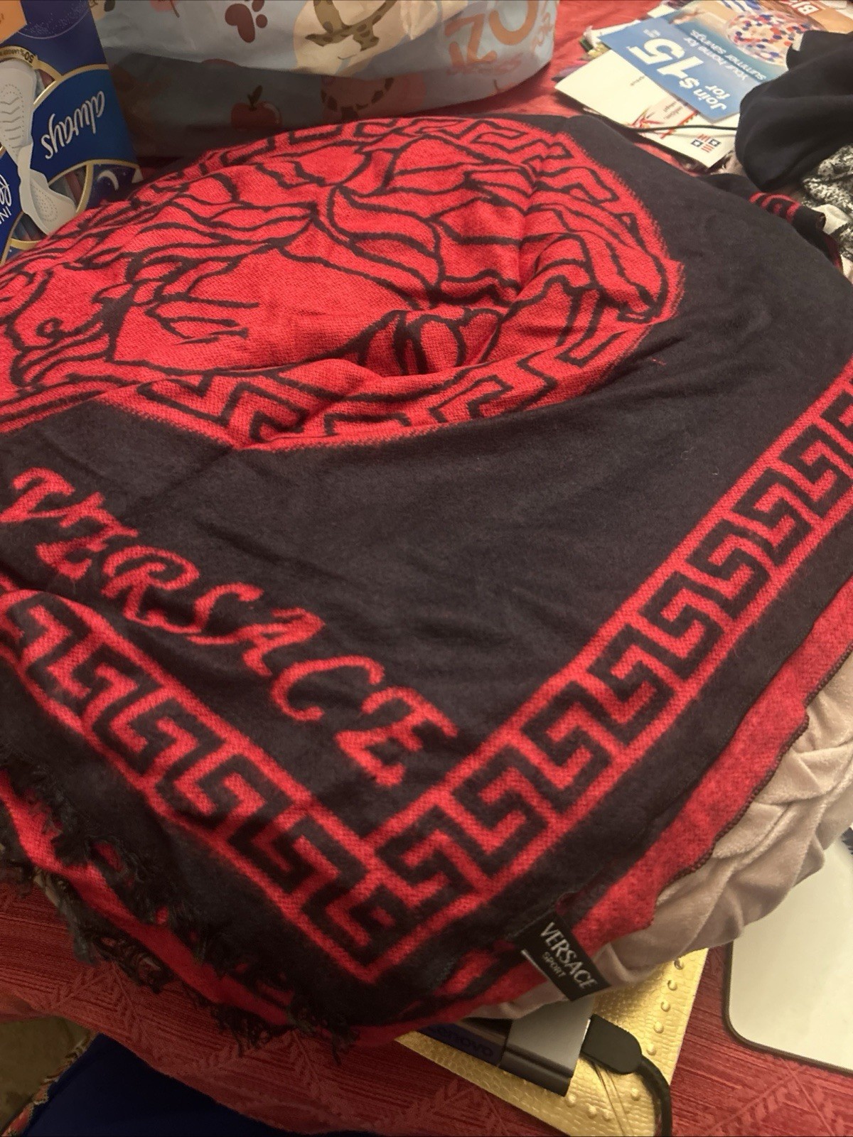 •Versace Wool Cashmere Knit Reversible Black Red Medusa Scarf 11”x68”